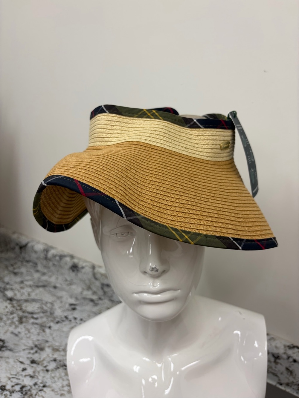Barbour Two-Tone Straw Visor in Tan & Cream with Tartan Trim